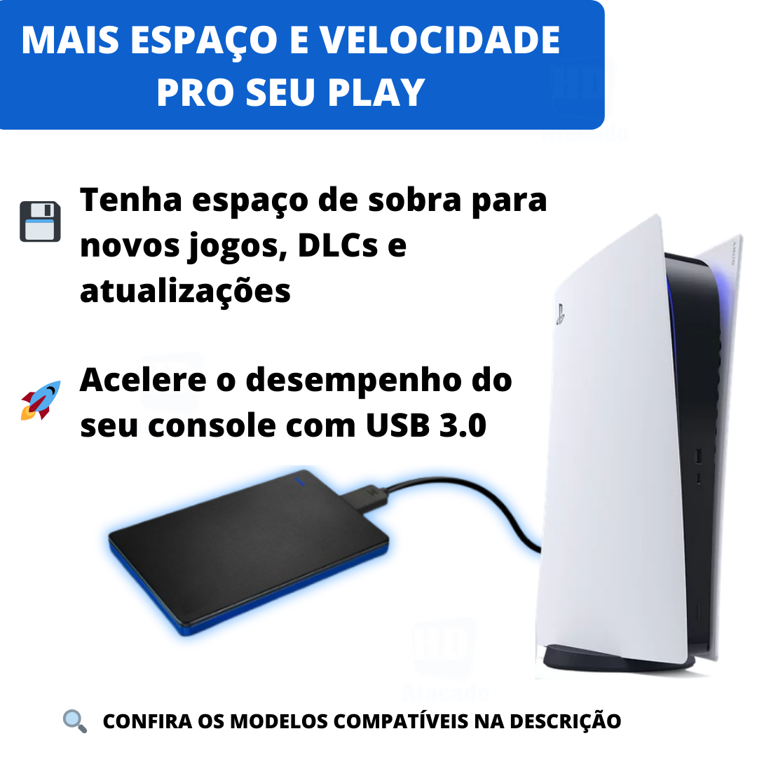 HD Externo 500GB a 1TB USB 3.0 – Armazenamento Rápido e Portátil para PlayStation, Xbox, Notebook e PC! Nunca Mais Apague Nada!