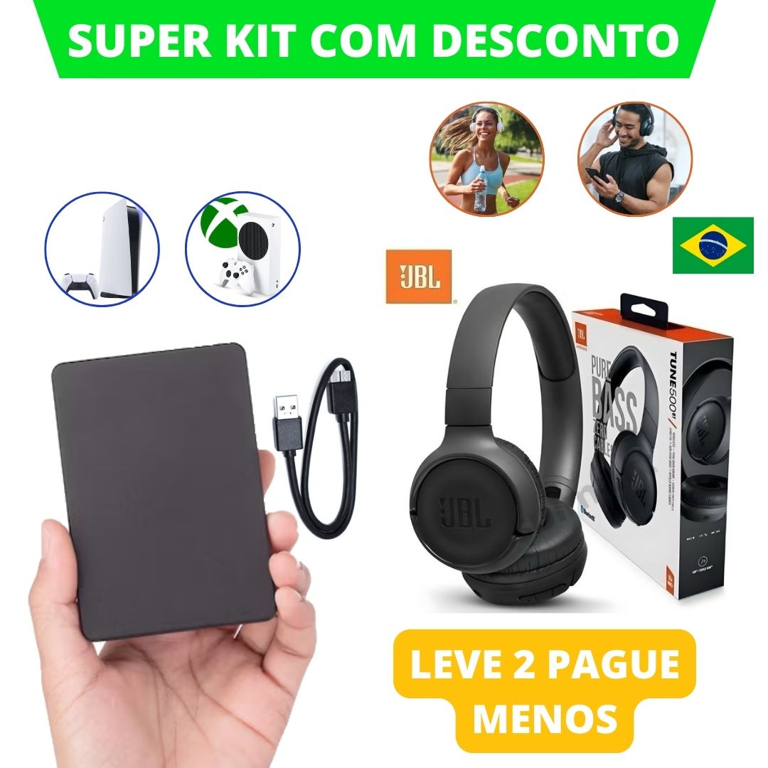 Kit HD Externo 500GB + Fone Bluetooth: Armazenamento Extra e Som Imersivo com Tecnologia USB 3.0 e Bluetooth 5.0