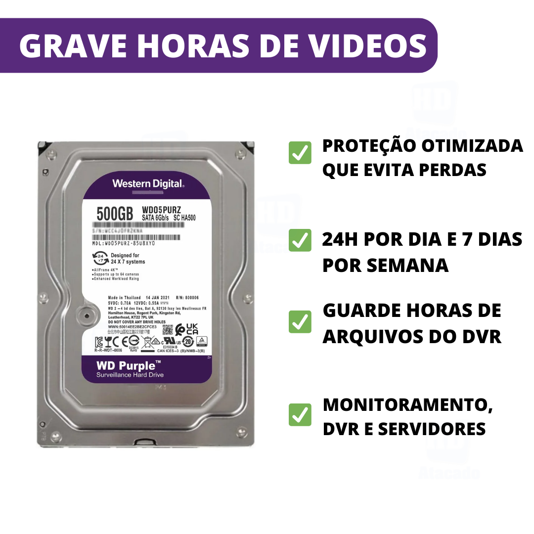 HD 500GB WD Purple de DVR/CFTV/PC - HD Interno para Sistemas SATA + Segurança