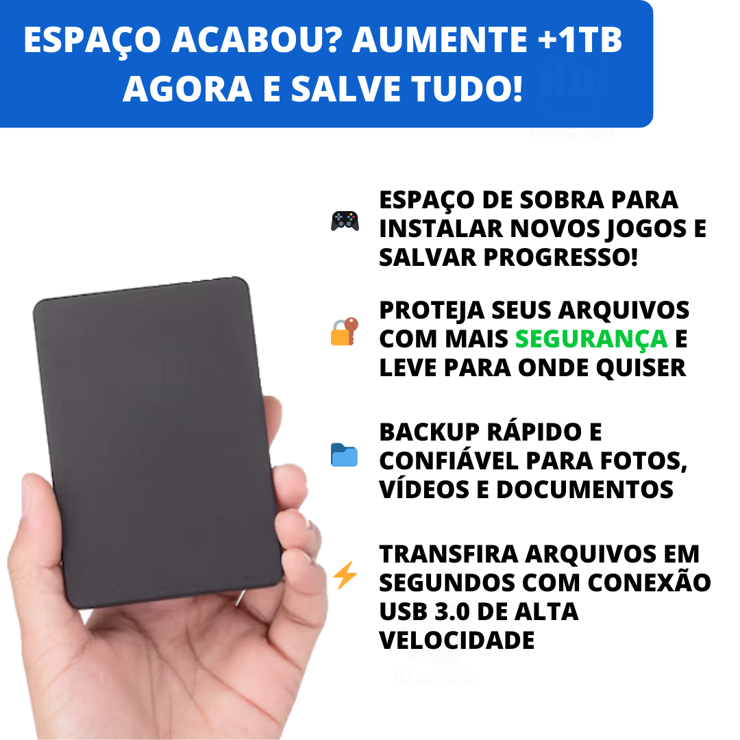 HD Externo 1TB USB 3.0 – Armazenamento Portátil e Rápido de Xbox, PlayStation, Notebook e PC! Nunca Mais Apague Nada!