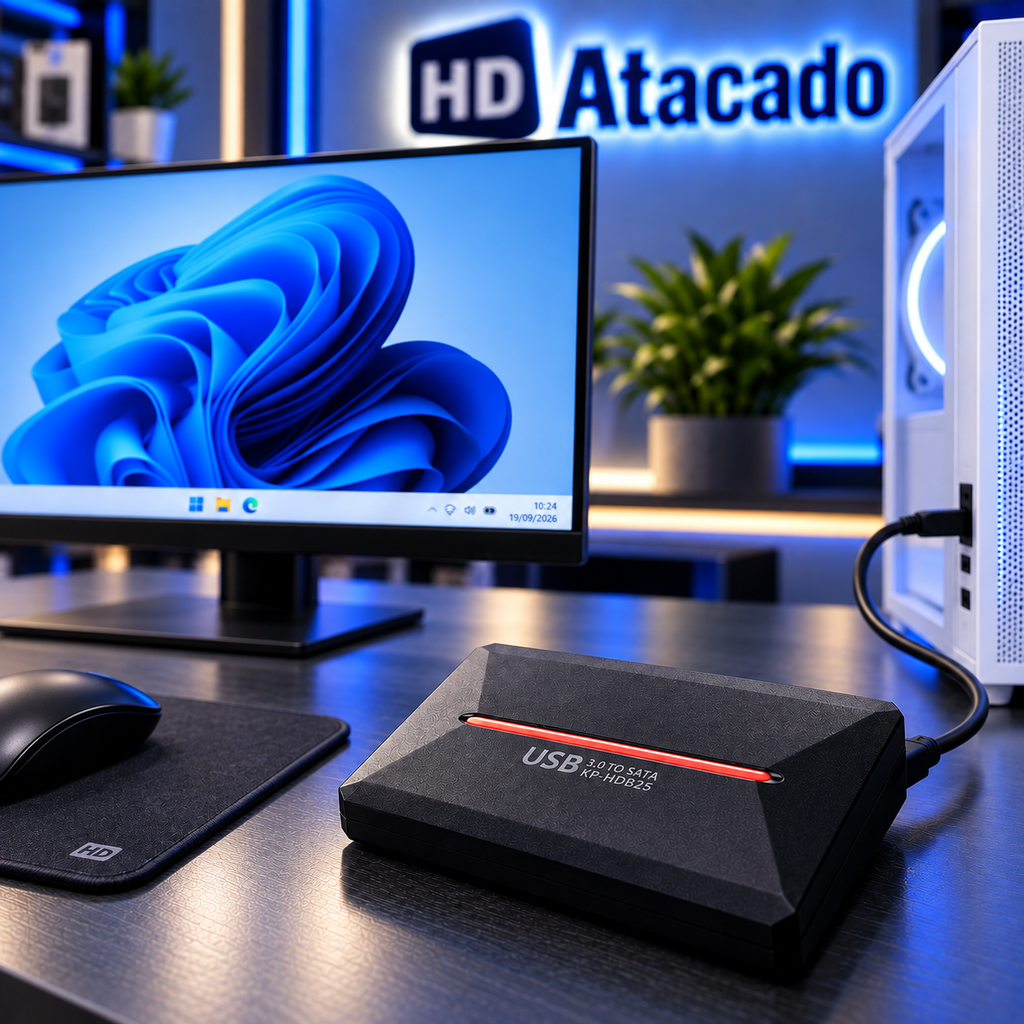 HD Externo USB 3.0 em uso com computador desktop