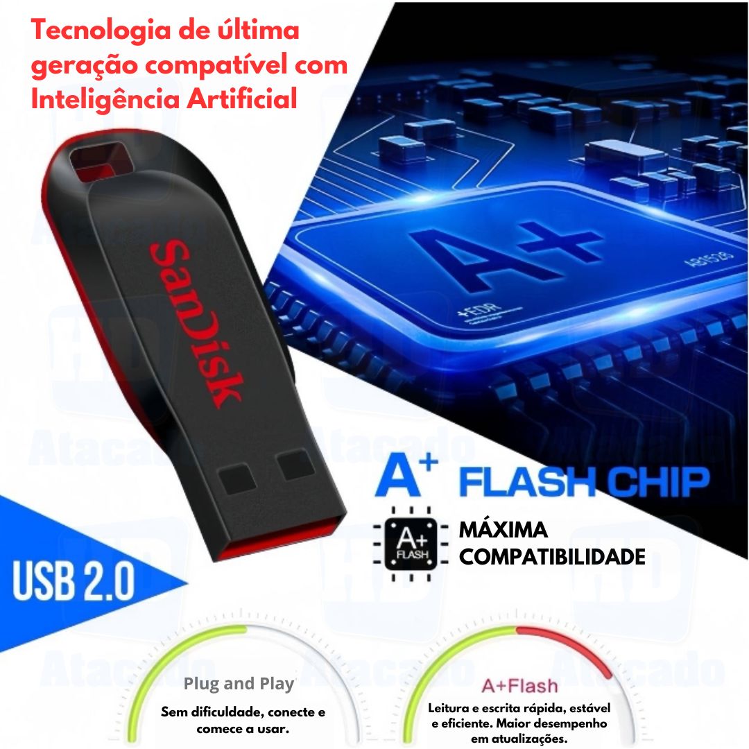 Pen Drive Sandisk ULTRA RÁPIDO para Musicas Multimídia, Jogos, Celular, Xbox, Caixa de Som - Original USB 2.0 16GB 32GB 64GB 128GB