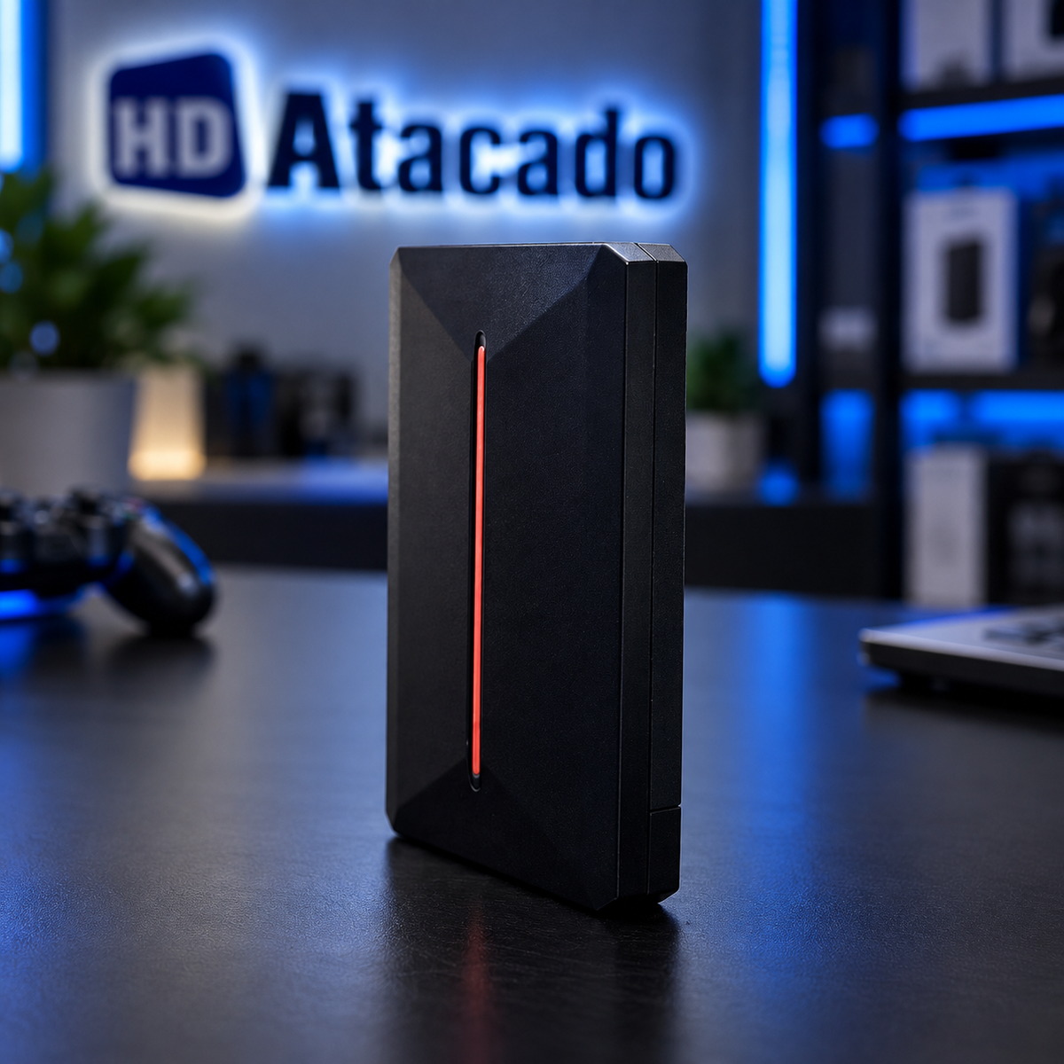 HD Externo USB 3.0 em pé mostrando design compacto