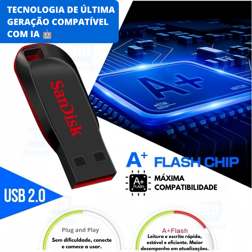 Pen Drive Sandisk ULTRA RÁPIDO para Musicas Multimídia, Jogos, Celular, Xbox, Caixa de Som - Original USB 2.0 16GB 32GB 64GB 128GB