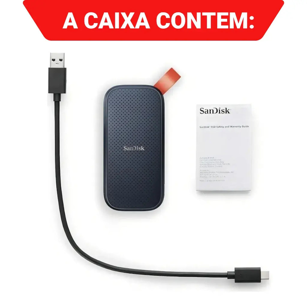 SSD Externo SanDisk Portable com cabo USB e conteúdo da embalagem
