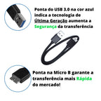 Especificações do cabo com uma ponta USB 3.0 e outra Micro B para conectar a Case do HD Externo e outra ao dispositivo para liberar espaço e melhor as transferências de arquivos com segurança