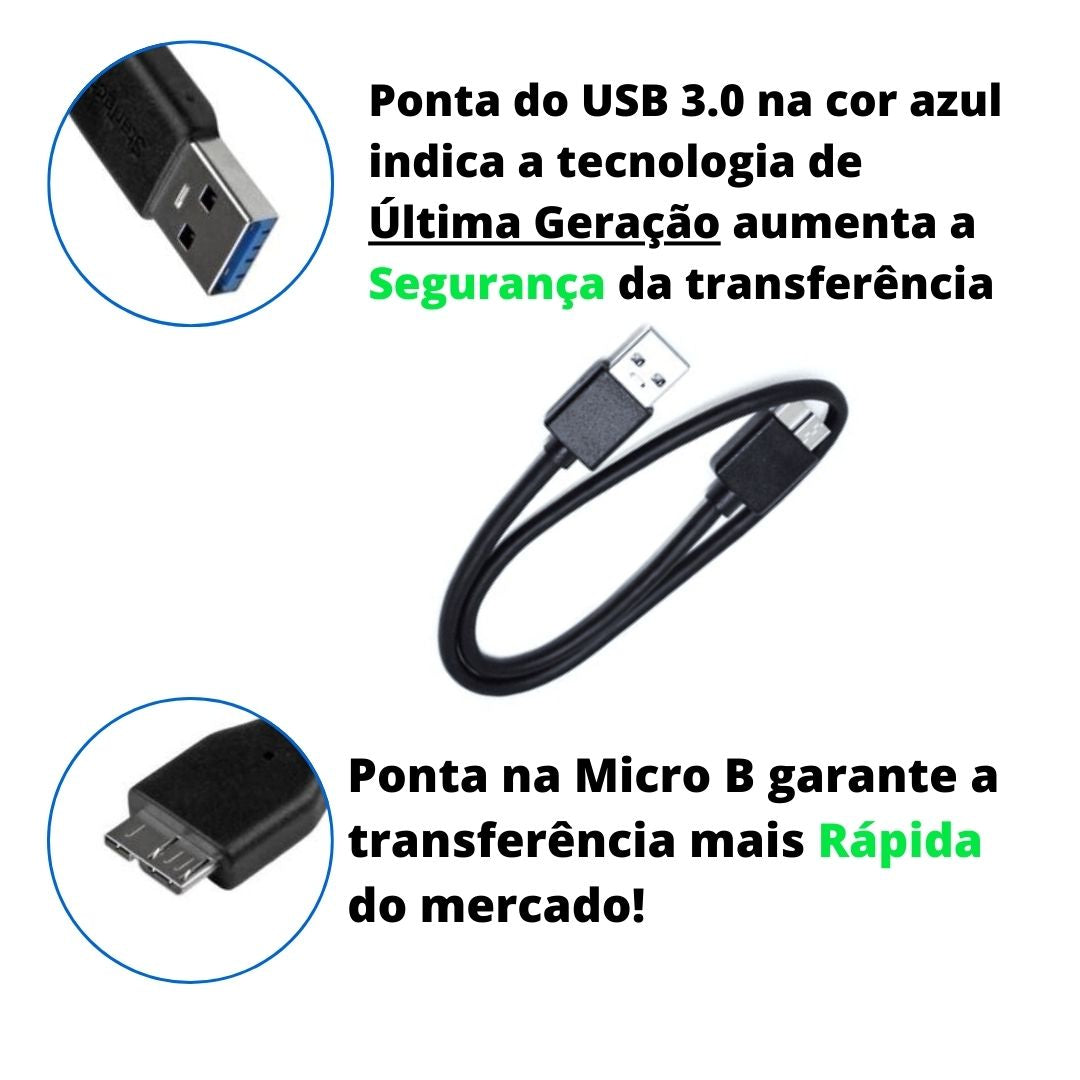 Especificações do cabo com uma ponta USB 3.0 e outra Micro B para conectar a Case do HD Externo e outra ao dispositivo para liberar espaço e melhor as transferências de arquivos com segurança