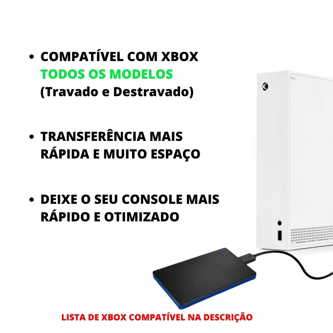 HD Externo conectado a um Xbox pela porta USB com tecnologia de alta compatibilidade para todos os modelos de Xbox travado ou destravado.