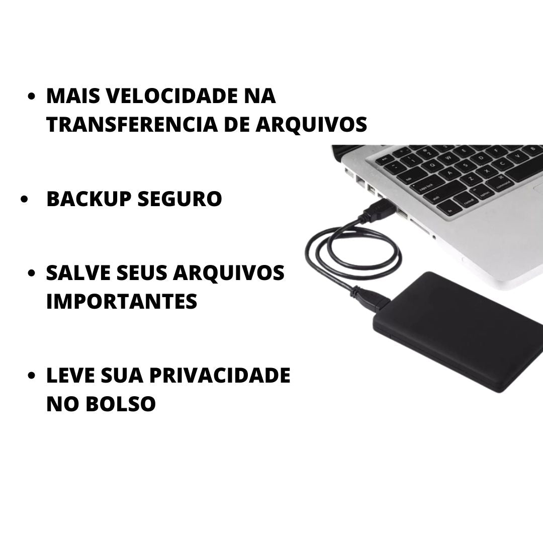 HD Externo portatil conectado a um notebook pela porta USB deixando as transferências mais rapidas e segurança ao guardar arquivos de backup, trabalho ou importantes. Compativel tambem com PC e outros dispositivos