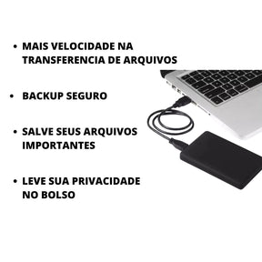 HD Externo portatil conectado a um notebook pela porta USB deixando as transferências mais rapidas e segurança ao guardar arquivos de backup, trabalho ou importantes. Compativel tambem com PC e outros dispositivos